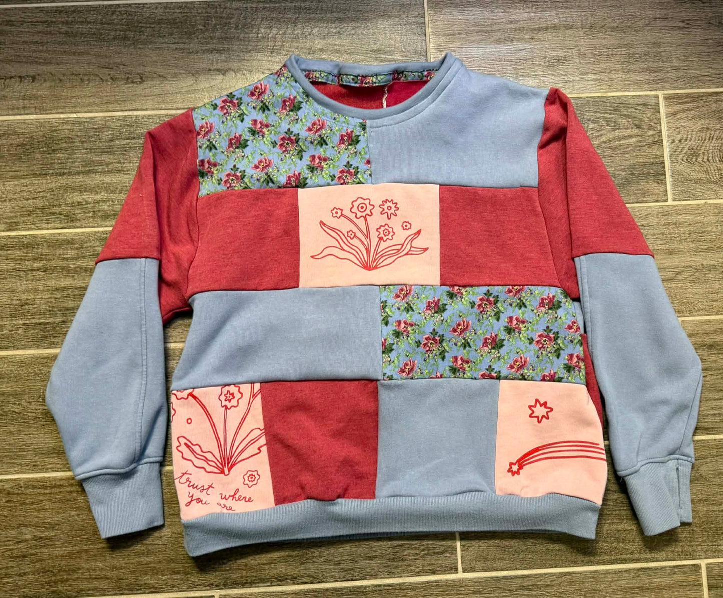 Blue & Red Floral Patchwork Hoodie